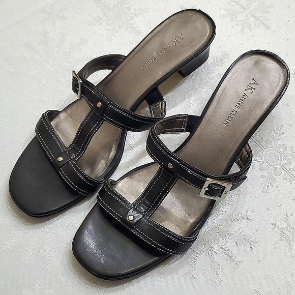 Anne Klein Shoes - Anne Klein Macommonlyn Black Leather Double Strap Heel Sandals Women's Size 10M